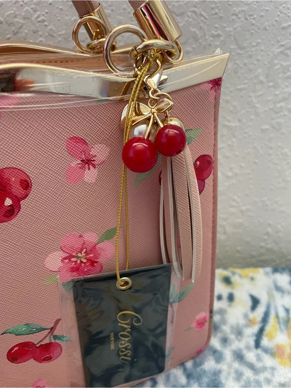 Pink Floral & Cherry Print Structured Satchel